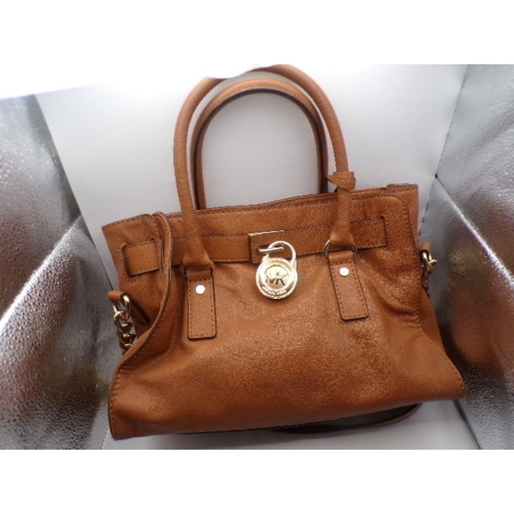 Michael Kors Hamilton Satchel Tan Pebbled Leather Gold Padlock Handbag‎ Medium